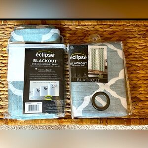 Two Eclipse Teal and White Blackout Curtain Panels - NEW